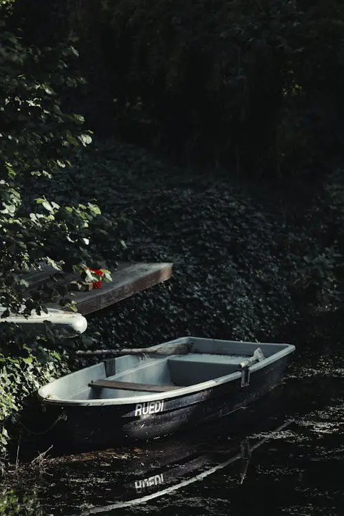 free-photo-of-serene-rowboat-by-overgrown-canal-in